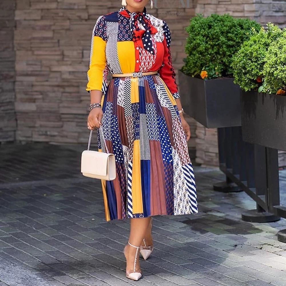 ZARA African Print Bow Collar Three Quarter Sleeve Midi Dress Spring Summer
